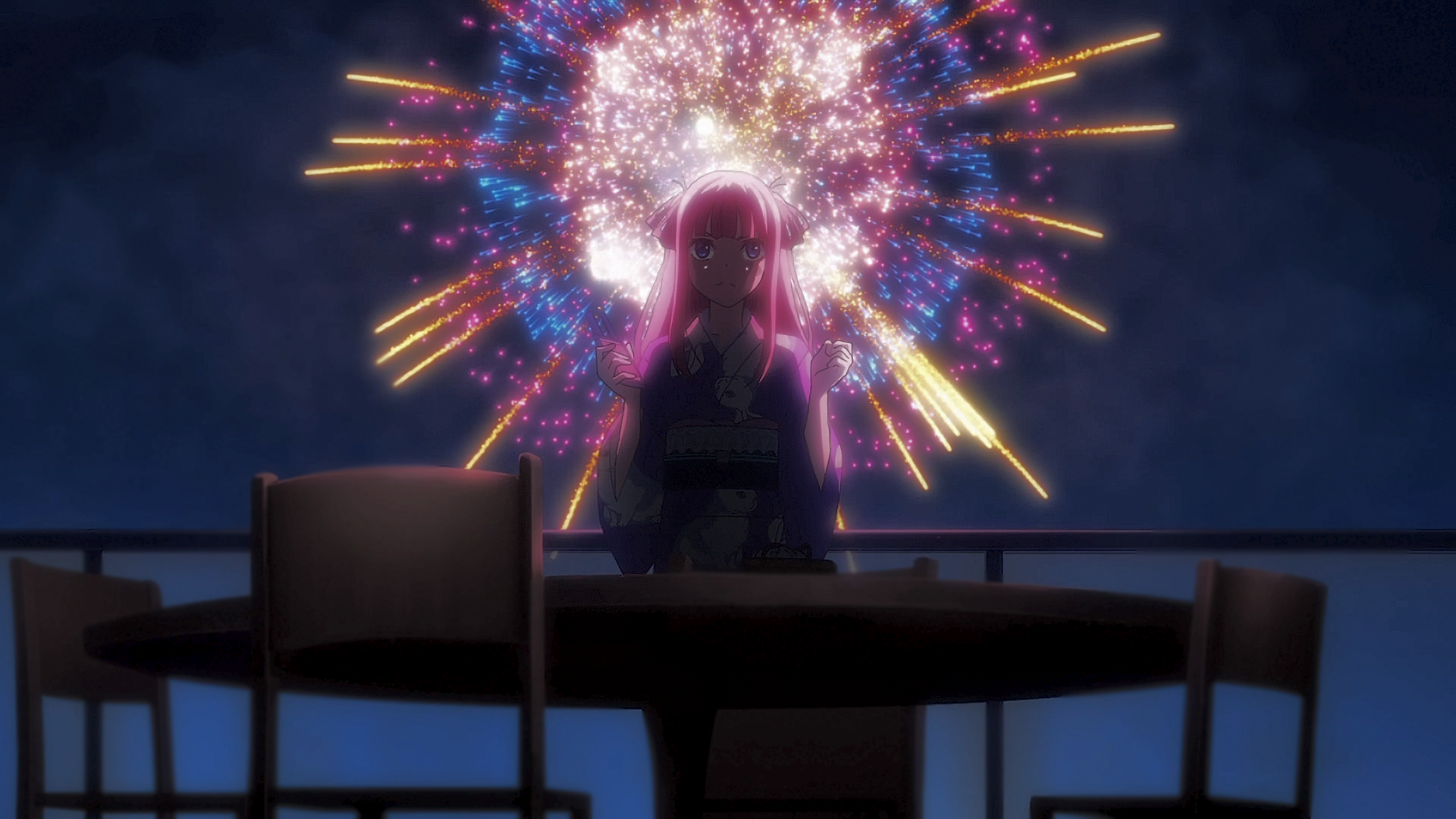HD PC desktop wallpaper featuring Nino Nakano from the anime The Quintessential Quintuplets, silhouetted against vibrant fireworks lighting up the night sky.