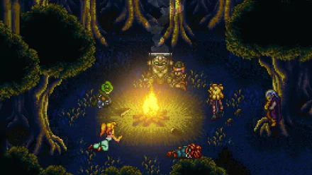 HD PC desktop wallpaper featuring a Chrono Trigger scene with characters gathered around a campfire in a dark, forested environment from the classic video game.