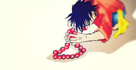 Monkey D. Luffy, One Piece anime 2K Quad HD PC desktop wallpaper: Luffy in a red shirt reaching forward, clutching a string of red beads.