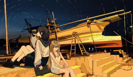 Anime-style HD desktop wallpaper featuring two characters with brown and blonde hair by a ship, one holding binoculars, set in a warm, detailed harbor scene.