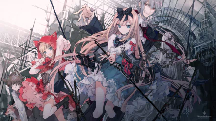 HD desktop wallpaper featuring an original anime design with detailed characters in intricate, gothic-inspired outfits, set against a dynamic, industrial background.
