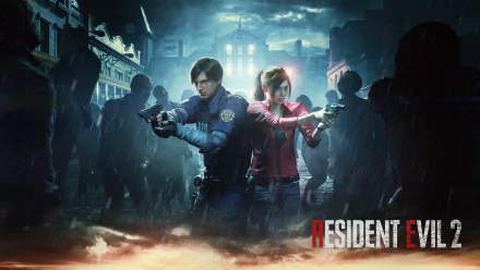 Leon S. Kennedy and Claire Redfield stand back-to-back, aiming guns at approaching zombies in this 4K Ultra HD wallpaper from the video game Resident Evil 2 (2019).