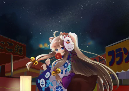 Anime-style original 4K Ultra HD desktop wallpaper featuring a character with long hair and a fox mask under a starry night sky at a festival setting.