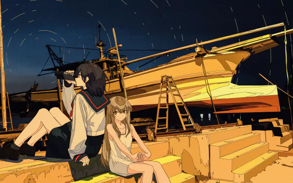 Anime-style HD desktop wallpaper featuring two characters with brown and blonde hair by a ship, one holding binoculars, set in a warm, detailed harbor scene.
