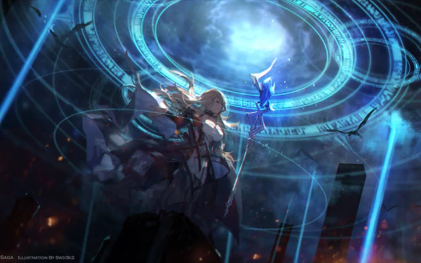 Anime-style HD desktop wallpaper from Pixiv Fantasia Last Saga featuring a mystical character wielding a staff beneath glowing magical symbols in a dark, atmospheric setting.