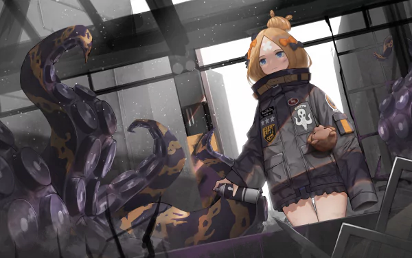 HD desktop wallpaper featuring Abigail Williams from Fate/Grand Order. Anime character stands in a futuristic, industrial setting, surrounded by mysterious purple tentacles.