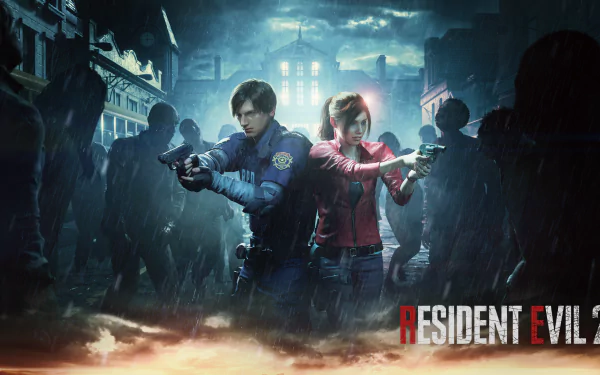 Leon S. Kennedy and Claire Redfield stand back-to-back, aiming guns at approaching zombies in this 4K Ultra HD wallpaper from the video game Resident Evil 2 (2019).