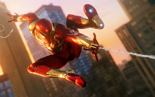 Iron-Spider suit from the Spider-Man (PS4) video game swings through a cityscape at sunset in this 4K Ultra HD PC desktop wallpaper.