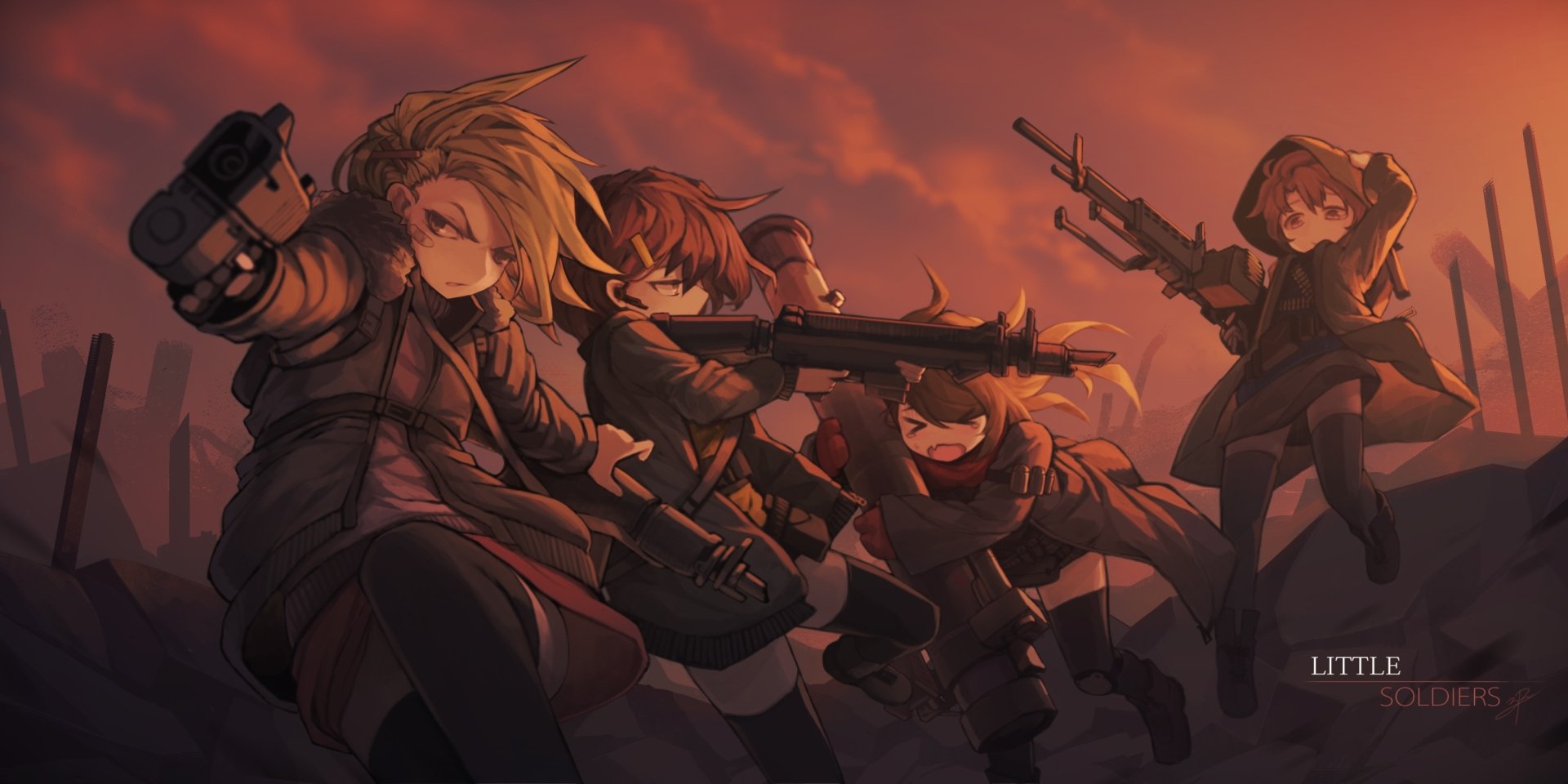 HD anime original artwork featuring a group of armed characters poised in dynamic action poses against a dramatic sunset sky, designed as a PC desktop wallpaper.