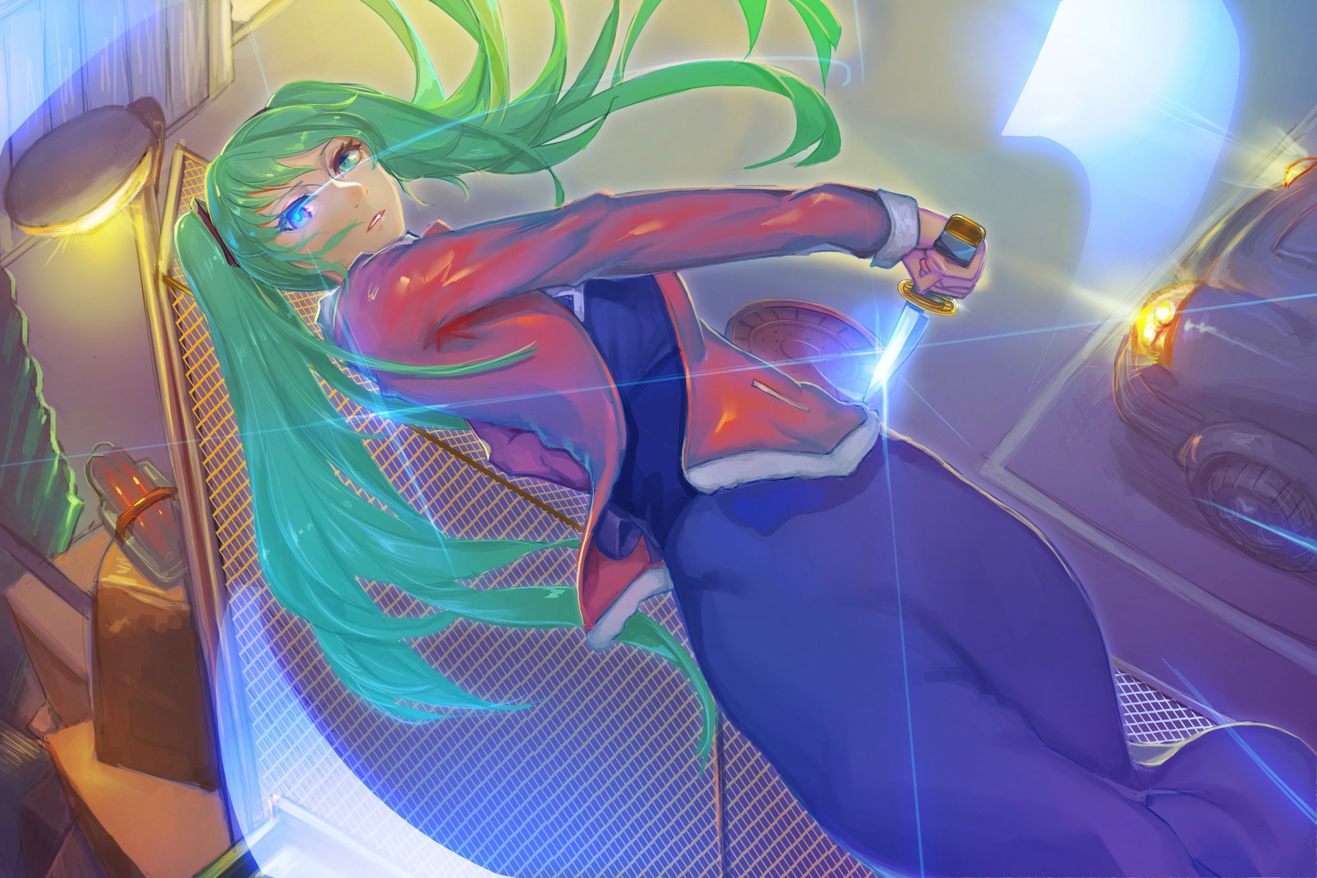 HD anime crossover desktop wallpaper featuring Hatsune Miku with heterochromia and Shiki Ryougi from The Garden of Sinners in a dynamic, colorful scene.