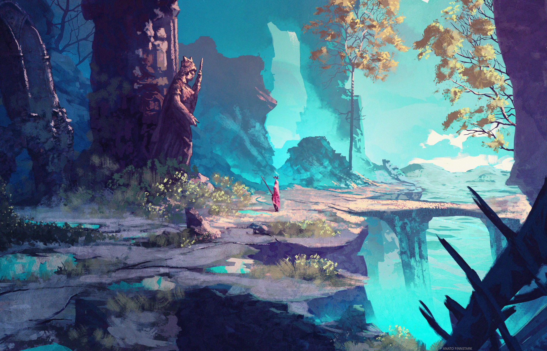 HD desktop wallpaper featuring a fantasy landscape with a large warrior statue, surrounded by mystical scenery and vibrant colors.