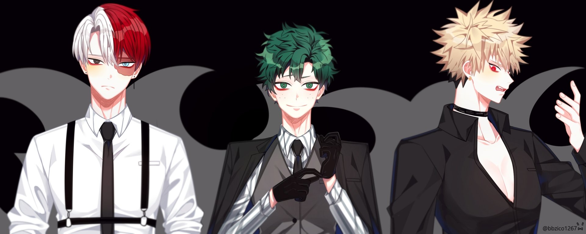 HD PC desktop wallpaper featuring anime characters Katsuki Bakugou, Izuku Midoriya, and Shoto Todoroki from My Hero Academia in formal attire against a dark background.