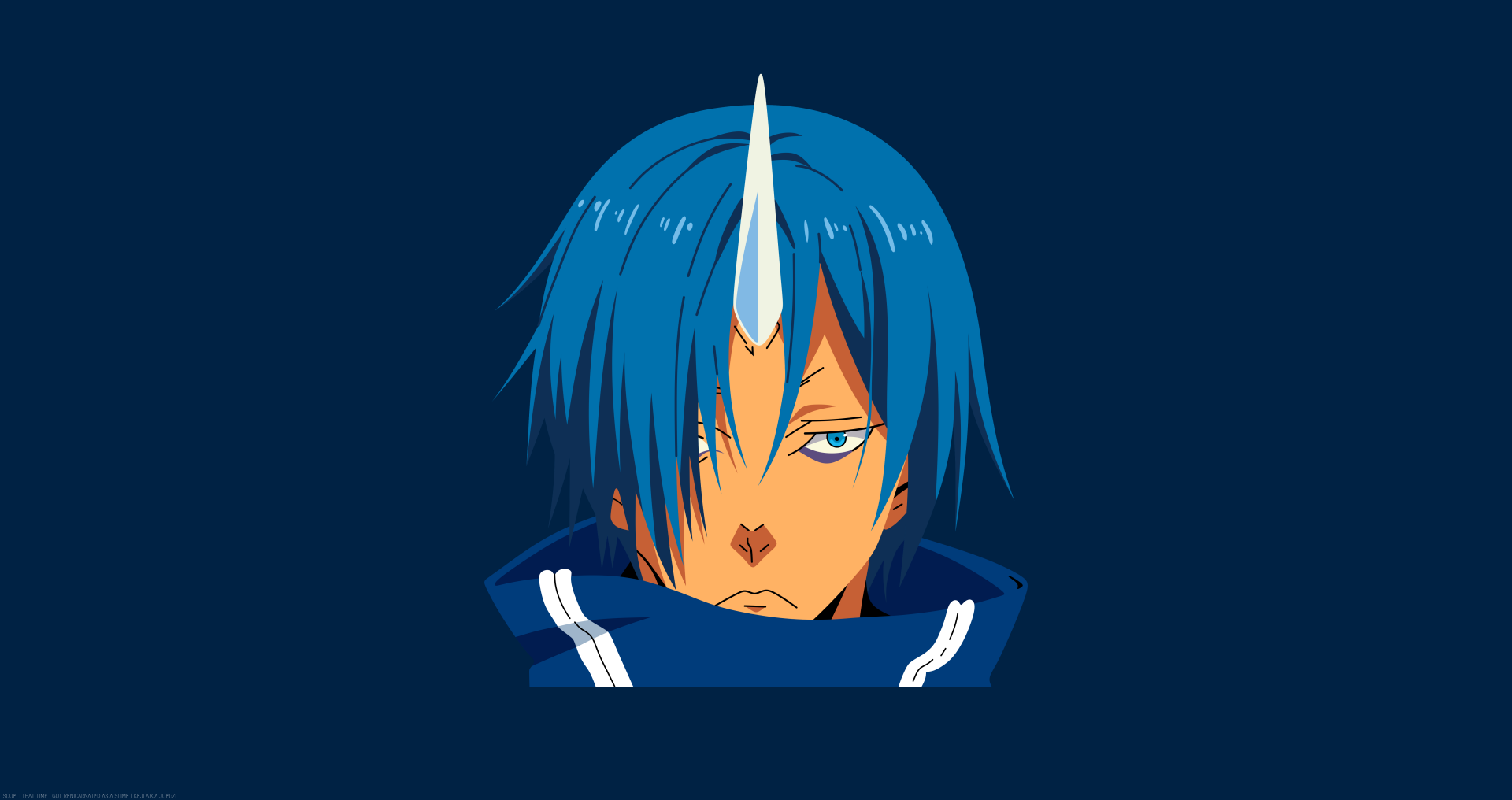 Minimalist close-up of Souei's face from That Time I Got Reincarnated as a Slime, blue hair and horn on a deep-blue backdrop — 8K Ultra HD PC anime desktop wallpaper.