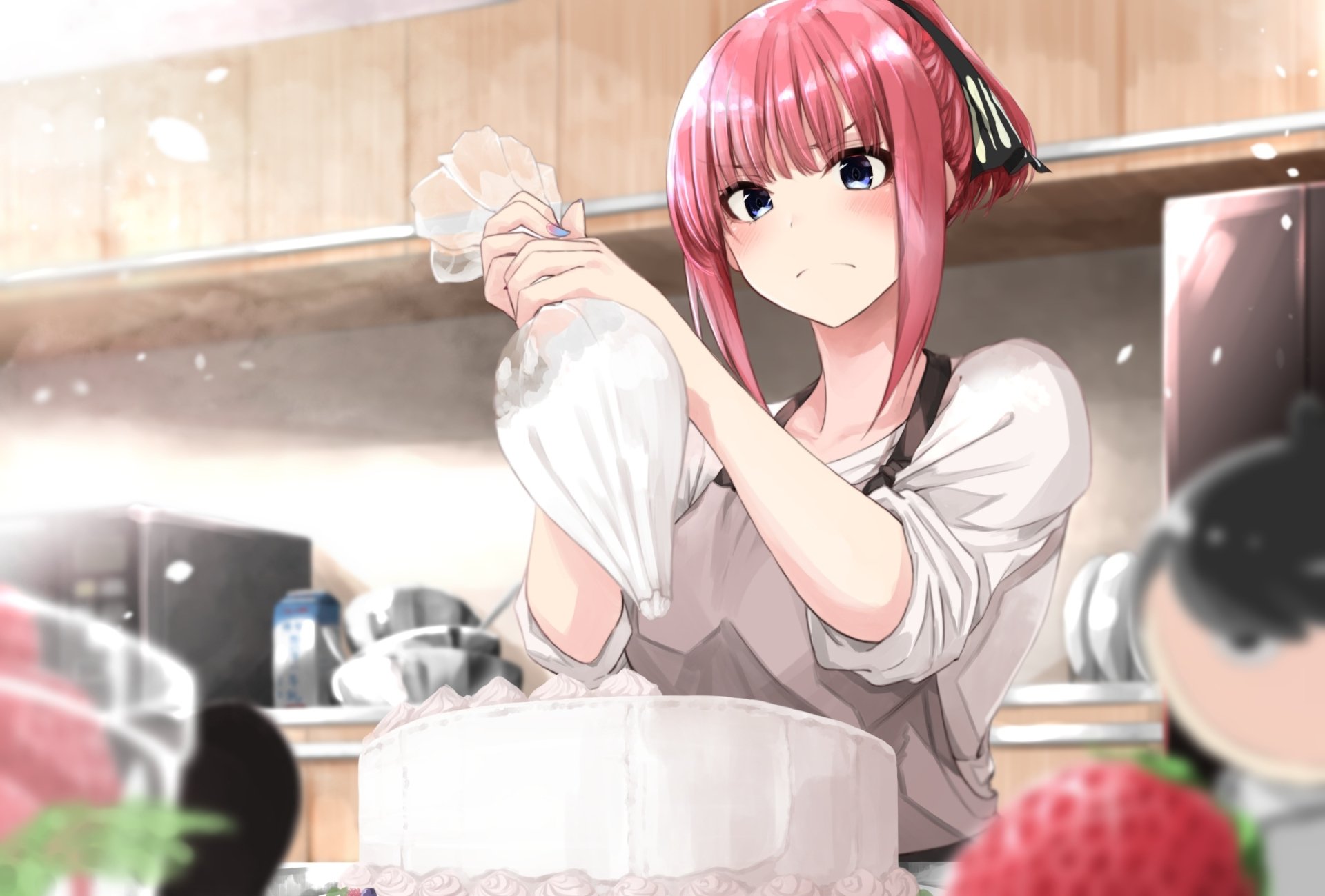 Anime HD desktop wallpaper featuring Nino Nakano from The Quintessential Quintuplets, showcasing her decorating a cake in a kitchen setting.
