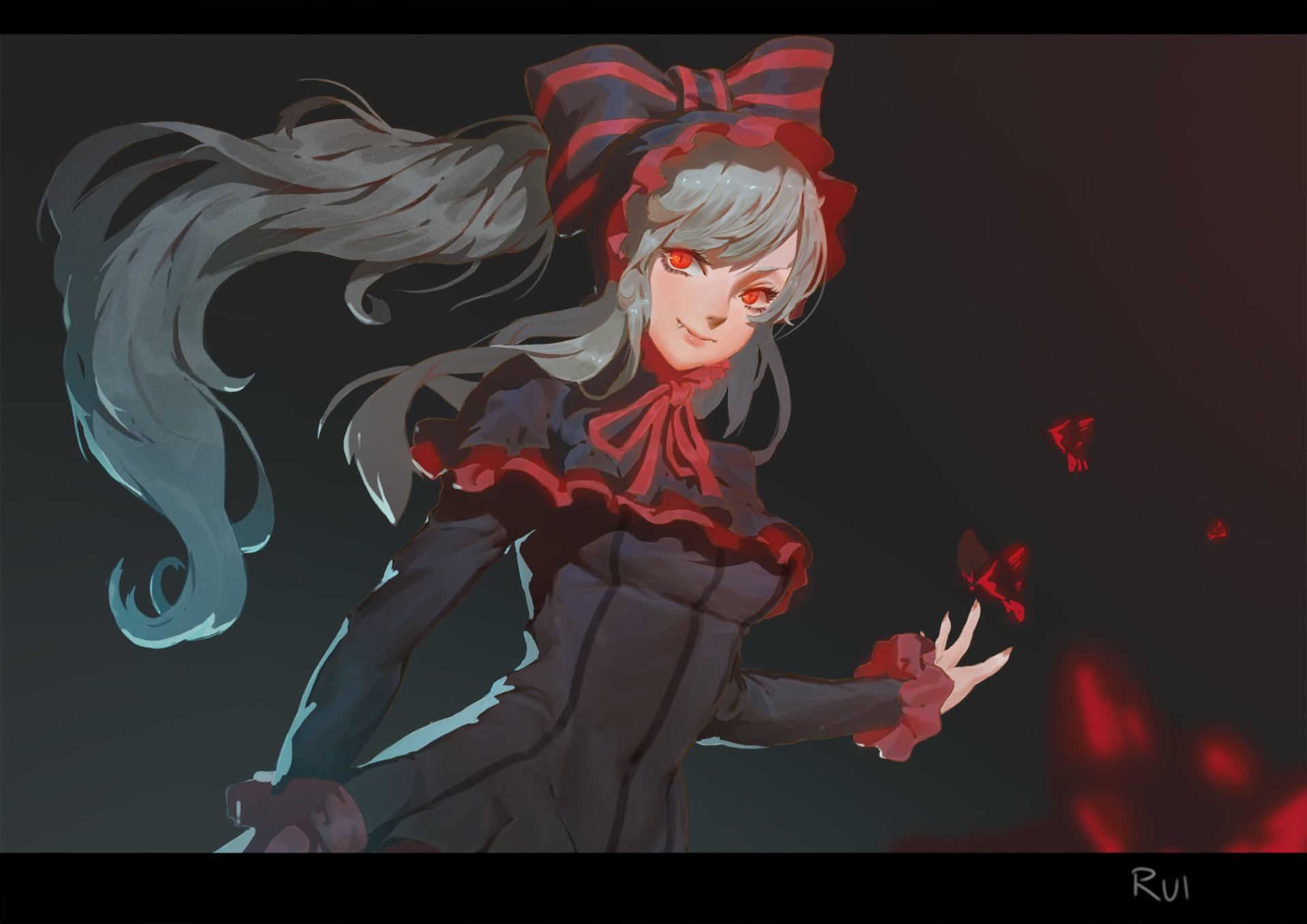 HD desktop wallpaper featuring Shalltear Bloodfallen from the anime Overlord, depicted with long flowing hair and dark, elegant attire, set against a contrasting background with red accents.
