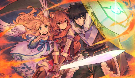 HD wallpaper of Naofumi Iwatani, Raphtalia, and Filo from The Rising of the Shield Hero anime. Naofumi wields a glowing shield, Raphtalia holds a sword, and Filo stands behind them with wings spread.