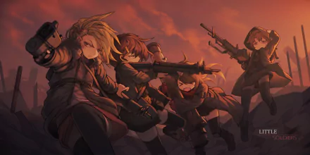 HD anime original artwork featuring a group of armed characters poised in dynamic action poses against a dramatic sunset sky, designed as a PC desktop wallpaper.
