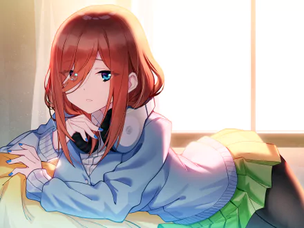 HD wallpaper featuring Miku Nakano from The Quintessential Quintuplets anime, depicted with a reflective expression by a sunlit window.