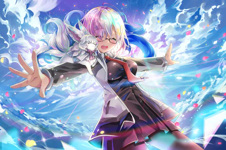 HD desktop wallpaper of Mashu Kyrielight from Fate/Grand Order, featuring her in an animated pose with a dynamic, colorful background.