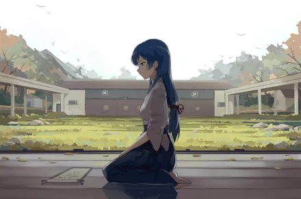 HD PC desktop wallpaper featuring Umi Sonoda from Love Live! seated outdoors in a serene, sunlit traditional setting with mountains and greenery in the background.