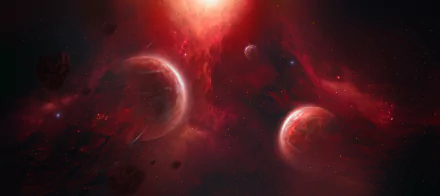 HD PC desktop wallpaper featuring a vibrant red nebula, glowing stars, and multiple planets set against the vastness of deep space in a sci-fi style.