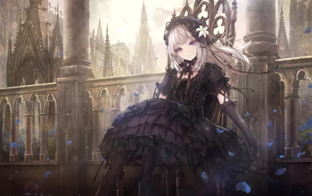 An anime character with long blonde hair, purple eyes, and gloves, dressed in gothic attire, sits in a grand, medieval-like setting. The image is an HD wallpaper and background.