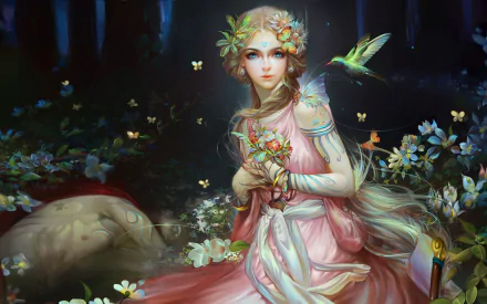 A fantasy fairy with aqua eyes and flowing hair in a glowing forest, surrounded by flowers, butterflies, and a hummingbird, rendered in 4K Ultra HD detail.
