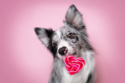 A border collie holding a heart-shaped red and white lollipop in its mouth against a pink background, shown as an HD PC desktop wallpaper.
