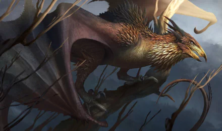 HD PC desktop wallpaper/background of a fantasy wyvern creature soaring through a stormy sky above twisted branches, detailed scales and expansive leathery wings.