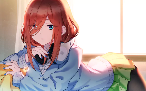 HD wallpaper featuring Miku Nakano from The Quintessential Quintuplets anime, depicted with a reflective expression by a sunlit window.