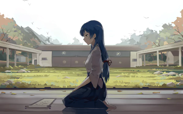 HD PC desktop wallpaper featuring Umi Sonoda from Love Live! seated outdoors in a serene, sunlit traditional setting with mountains and greenery in the background.