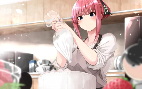 Anime HD desktop wallpaper featuring Nino Nakano from The Quintessential Quintuplets, showcasing her decorating a cake in a kitchen setting.