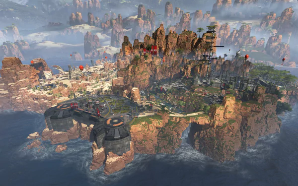 4K Ultra HD PC desktop wallpaper featuring a detailed, expansive aerial view of an Apex Legends map with rocky terrain and floating islands.