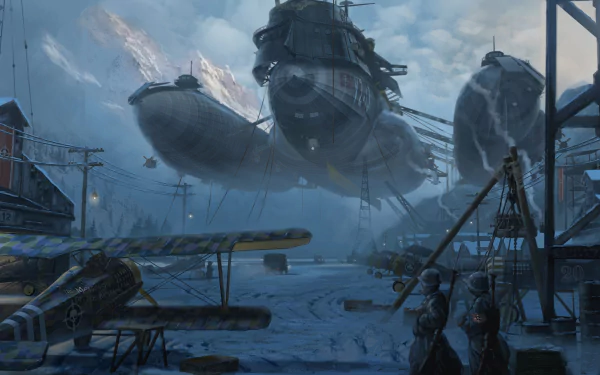 A high-definition sci-fi desktop wallpaper features a steampunk setting with zeppelins, aircraft, and soldiers amidst a cold, industrial environment.