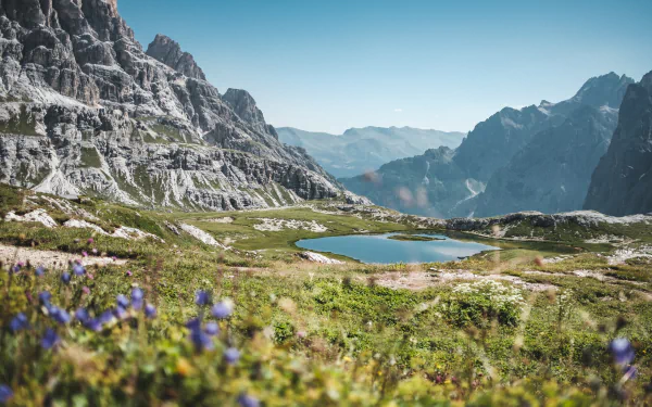 4K Ultra HD desktop wallpaper showing a serene mountain landscape with clear blue sky, rocky peaks, a peaceful pond, and vibrant wildflowers in the foreground.