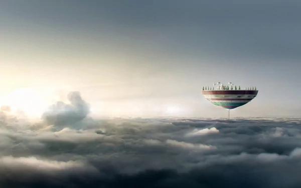 A stunning HD desktop wallpaper featuring a dramatic sky with clouds and a floating structure, inspired by anime and the world of Dragon Ball Z.