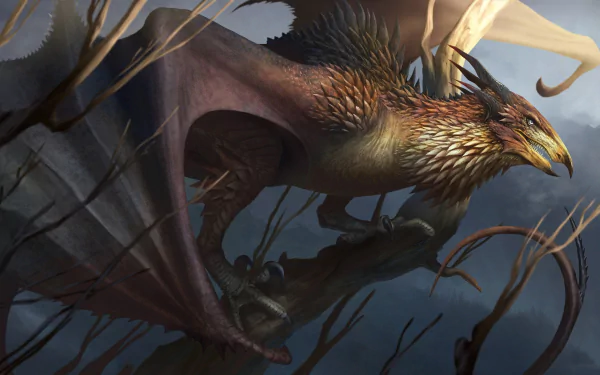 HD PC desktop wallpaper/background of a fantasy wyvern creature soaring through a stormy sky above twisted branches, detailed scales and expansive leathery wings.