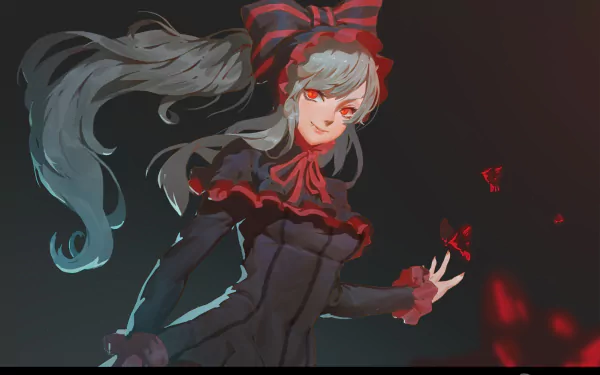 HD desktop wallpaper featuring Shalltear Bloodfallen from the anime Overlord, depicted with long flowing hair and dark, elegant attire, set against a contrasting background with red accents.