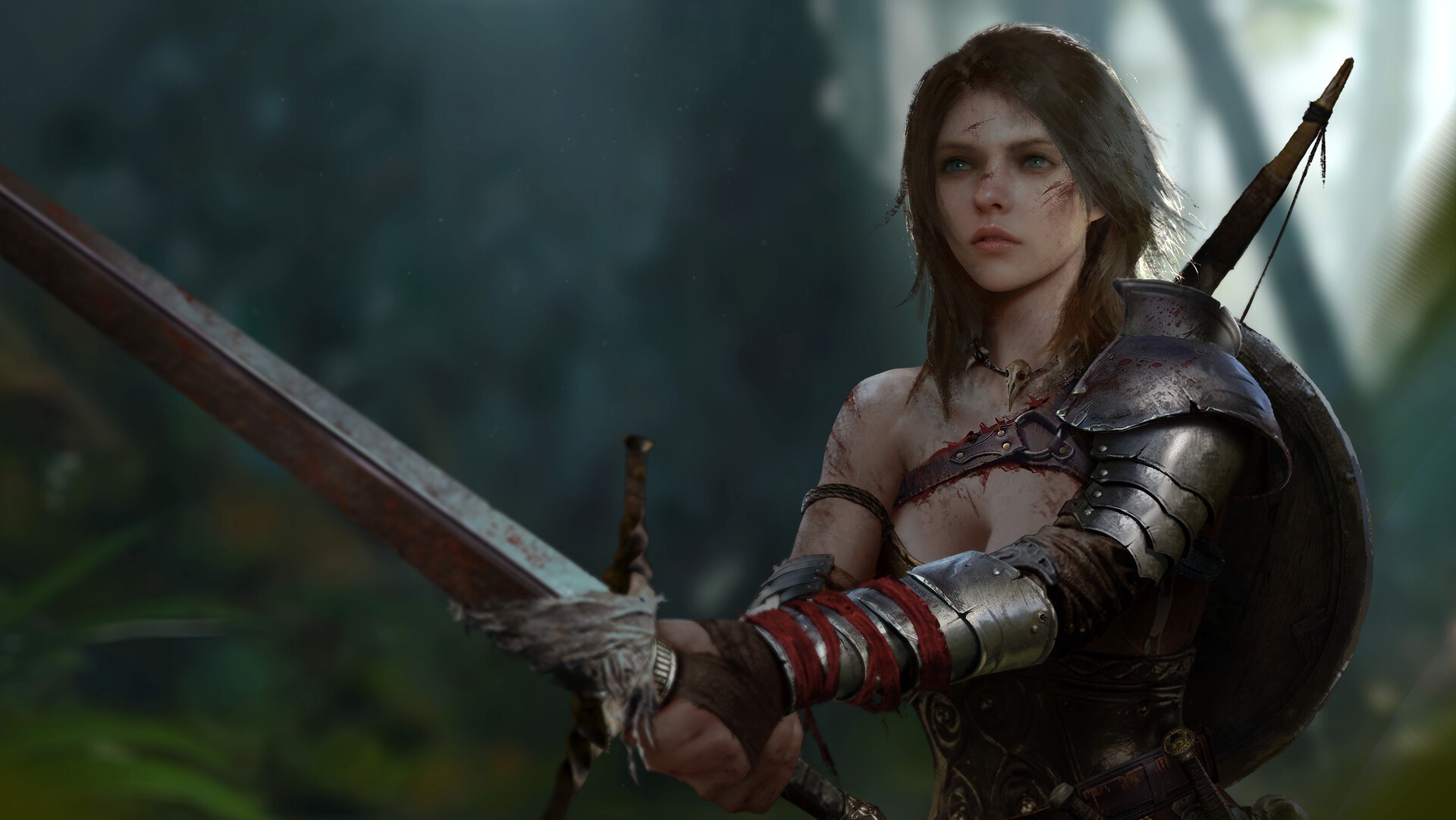  A muscular female warrior with short height and balanced physique, wearing medieval armor and wielding a sword, possibly affiliated with the Order of Calatrava.