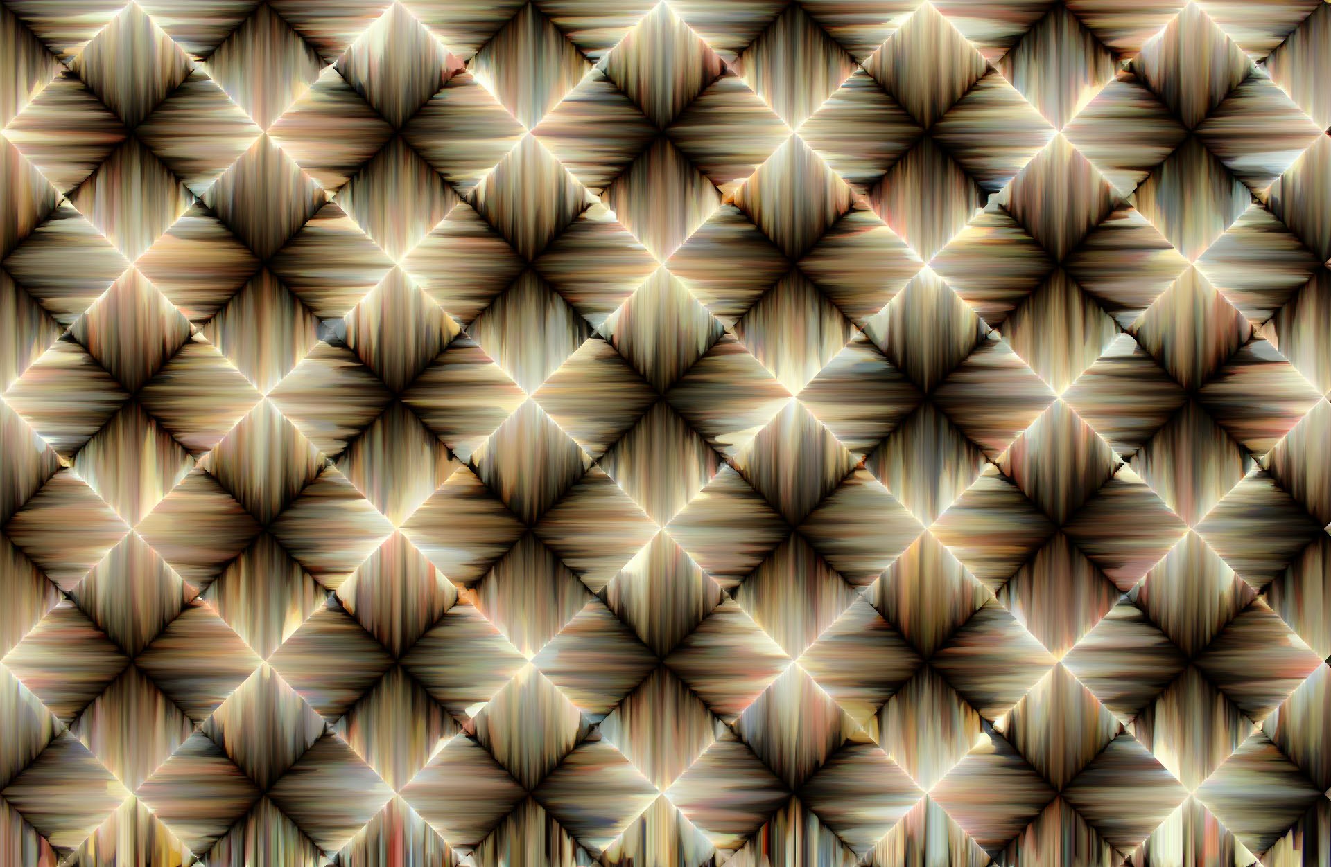 Abstract square HD PC desktop wallpaper: repeating metallic diamond/starburst grid in beige, brown and muted green, each tile glowing with a bright central highlight for a tiled luminous background.