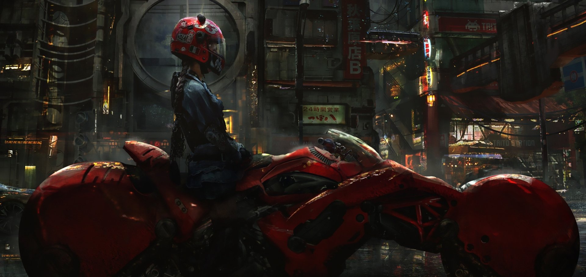HD wallpaper featuring a biker on a futuristic red motorcycle in a cyberpunk cityscape, illuminated by neon signs.