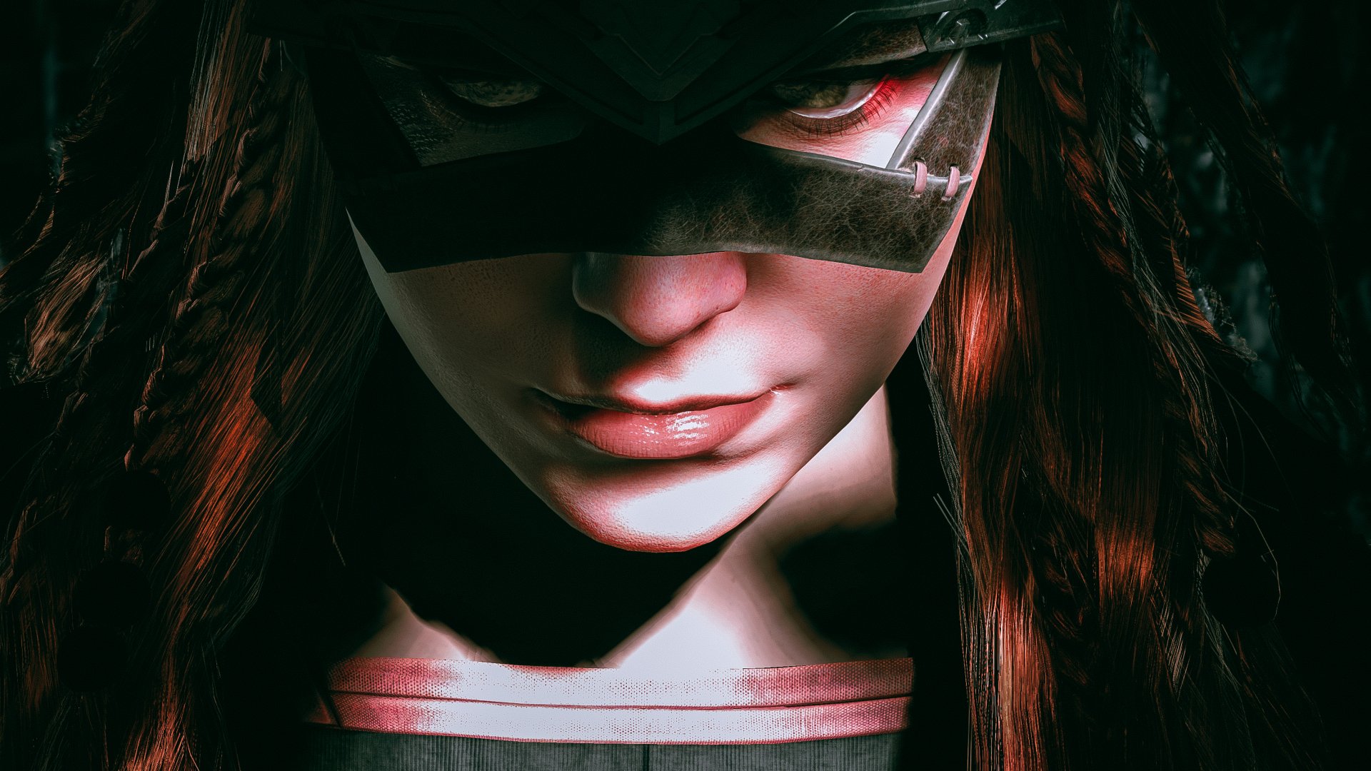 Close-up HD desktop wallpaper of Aloy from the Horizon Zero Dawn video game, showcasing her intense expression and detailed face partially shadowed.