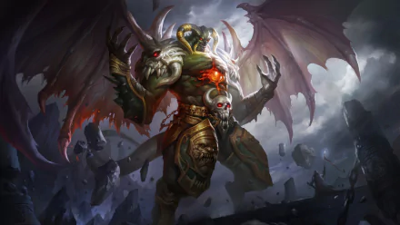 Dark demon with tattered bat wings, horned helm and fiery chest rising over shattered rocks in a storm — HD PC desktop wallpaper and background