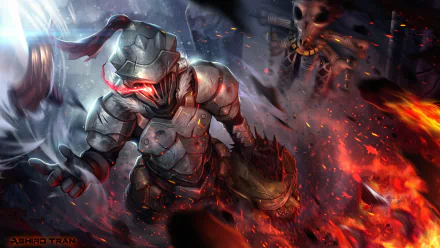 HD desktop wallpaper featuring the character Goblin Slayer from the anime series, battling amidst flames and foes in vibrant, dramatic colors.