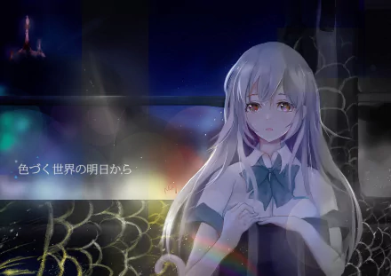 HD PC desktop wallpaper featuring Hitomi Tsukishiro from the anime Iroduku: The World in Colors, depicted with white hair and a somber expression in a dark, mystical setting.