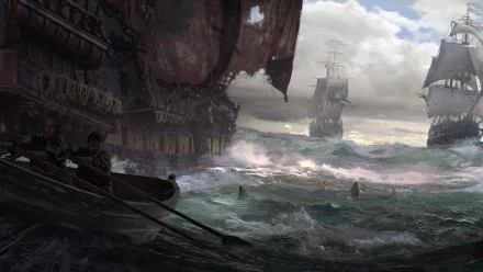 A fantasy HD wallpaper depicting an intense ocean scene with weathered ships sailing in rough waters, offering a captivating and adventurous background.