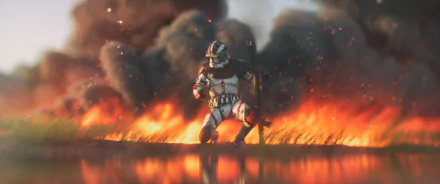 HD desktop wallpaper of a Star Wars clone trooper in a dramatic Sci-Fi scene, kneeling with a weapon in hand against a backdrop of fire and smoke.