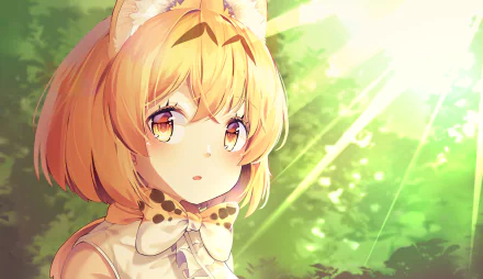 Anime-style Serval cat girl from Kemono Friends bathed in warm sunlight, featured in a vibrant HD PC desktop wallpaper background.