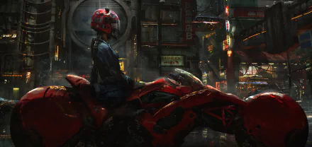 HD wallpaper featuring a biker on a futuristic red motorcycle in a cyberpunk cityscape, illuminated by neon signs.
