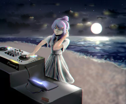 Anime-style DJ mixing music at a nighttime beach, with a glowing full moon and ocean waves in the background, featured in an HD PC desktop wallpaper.